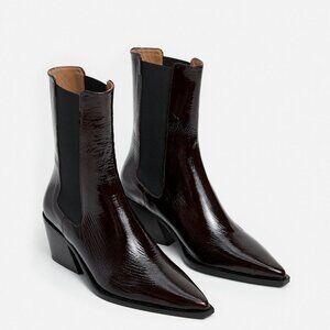 NEW Flattered Sandra Boot in Burgundy LEATHER SHINY ANKLE HEEL COWBOY